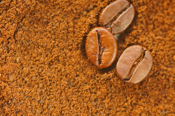 Three coffee beans on a brown background. Coffee beans on ground coffee. Macro magnification of coffee beans in daylight.