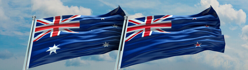 New Zealand Flag and Australia Flag waving with texture Blue sky with clouds Double flag © Flag Store