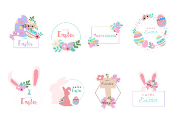 Collection of easter object set with rabbit,egg,flower.Editable vector illustration for website, invitation,postcard and sticker