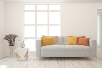 White living room with sofa. Scandinavian interior design. 3D illustration