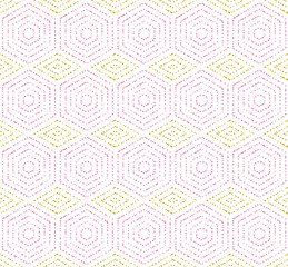 Geometric repeating ornament with hexagonal dotted pink and golden elements. Geometric modern ornament. Seamless abstract modern pattern