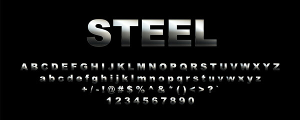 Font with metallic texture, chrome alphabet, steel letters. Vector typography.