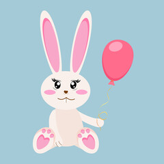 Cute baby bunny, rabbit with pink balloon vector illustration. 