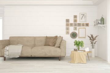 White living room with sofa. Scandinavian interior design. 3D illustration