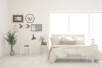 Stylish bedroom in white color. Scandinavian interior design. 3D illustration