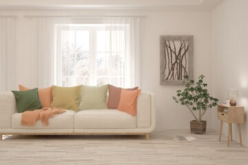 White living room with sofa. Scandinavian interior design. 3D illustration