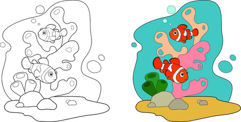 Coloring book page for children with colorful fishes, underwater coral reef and sketch to color. Hand drawn line sea tropical fish. Vector illustration isolated. Animal totem for adult Coloring Page