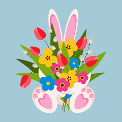 Cute baby bunny, rabbit holding bouquet of flowers vector illustration. 