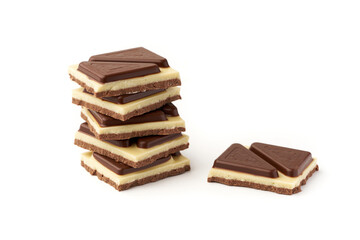 Stack of pieces of milk chocolate isolated on white background