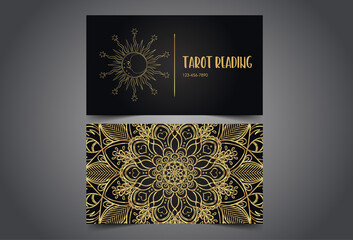 Magician, fortune teller or tarot reader card design template. Vector Illustration. Mysterious symbol over sacred geometry symbols. Alchemy, spirituality, occultism.