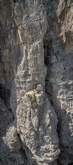 Vertical panorama of two person relaxing on a via ferrata climb at the Torre di Toblin (Toblinger Knoten), South Tyrol, Italy