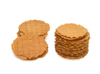 Stack of not sweet crispy wafers with different flavors isolated on white background