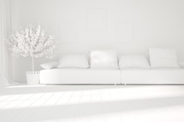 modern room with sofa,pillows,plant and curtains in white color interior design. 3D illustration