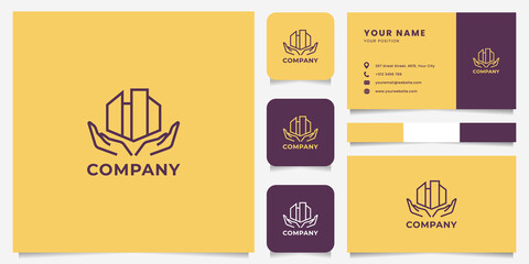 Simple and minimalist line art hands and geometric building logo with icon, color palette, and business card