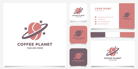 Simple and minimalist coffee planet and little stars logo with icon, color palette, and business card