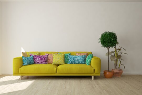 modern room with sofa,pillows and plants interior design. 3D illustration