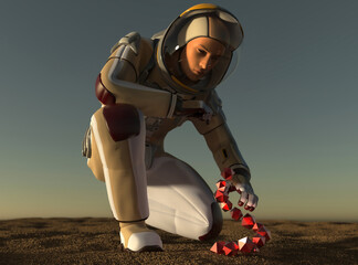 image of an astronaut and an alien artifact 3D illustration
