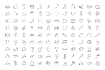Food and Cooking big icon set. Flat Vector illustration line icons set for mobile, web and menu design. Food concept.