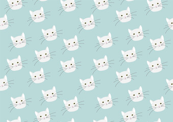 Seamless pattern with cute, funny cat heads on a blue background