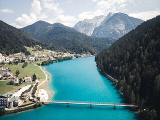 Drone view of lago di santa caterina (Auronzosee) in Auronzo di Cadore, South Tyrol, Italy