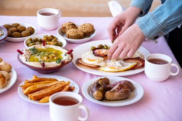 Arabic breakfast table full of tasty dishes