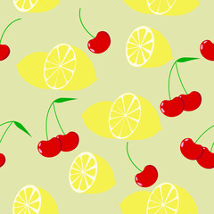 vector pattern with cherries and lemons. flat image of a pattern with red cherries with a frame with yellow lemons. sliced ​​lemon and two cherries