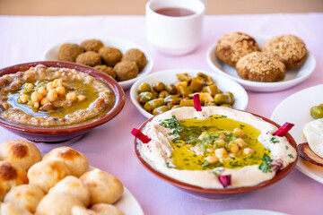 Arabic breakfast table full of tasty dishes