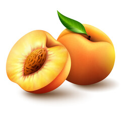 Realistic ripe peaches with green leaves, whole, half and slices. Juicy sweet fruits realistic 3d vector high detail on white background. Ripe peaches, whole and sliced. Vector illustration.
