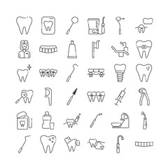 Dentistry and orthodontics line icon set. Thin linear signs for dentistry clinic. Dental care equipment, braces, veneers, caries treatment, floss, and medical elements. Orthodontics concept.