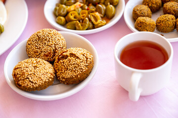Arabic breakfast table full of tasty dishes
