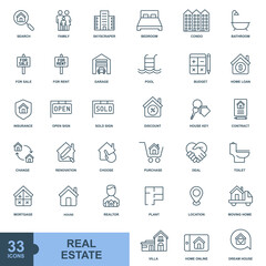 Real estate minimal icon, color, line, outline vector sign, linear style pictogram isolated on white. Symbol, logo illustration