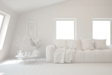 Mock up of stylish room in white color with sofa. Scandinavian interior design. 3D illustration