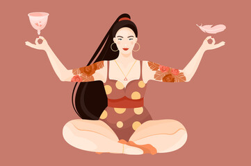 A young trendy girl is happy to have a zero waste period. Menstrual cup. Protection of menstruation, feminine hygiene. Vector cartoon flat illustration.