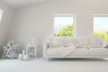 Mock up of stylish room in white color with sofa and green landscape in window. Scandinavian interior design. 3D illustration