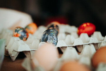 Easter Eggs, Bulgarian tradition, egg painting in bright colors. Eastern Europe culture, Velikden