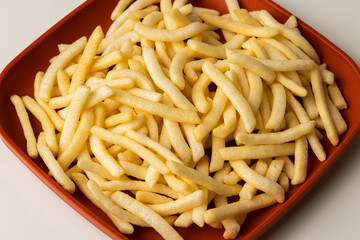 French fries Snack food crispy potato salty. Fast food or junk food snacks unhealthy concept.