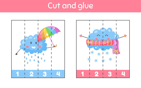 Cut And Glue. Learning Numbers. Worksheet For Kids Kindergarten, Preschool And School Age. Cute Weather. Rain, Snow.