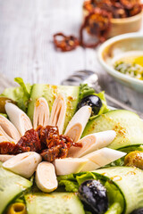 Salad with fresh vegetables mix and cheese. Sun dried tomatoes. 