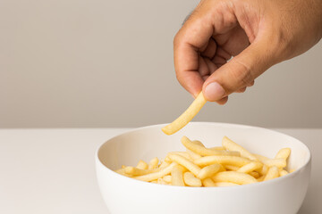 French fries Snack food crispy potato salty. Fast food or junk food snacks unhealthy concept.