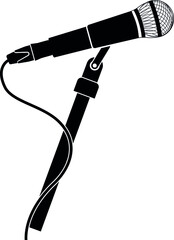 Flat black icon of a music microphone on a black microphone stand. Isolated on white background.