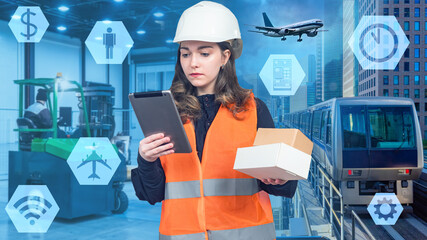 Logistics transport. Woman employee of a logistics transport company. Transport company employee next to plane and train. Logistics services. Girl in orange vest on background of a warehouse. Tablet