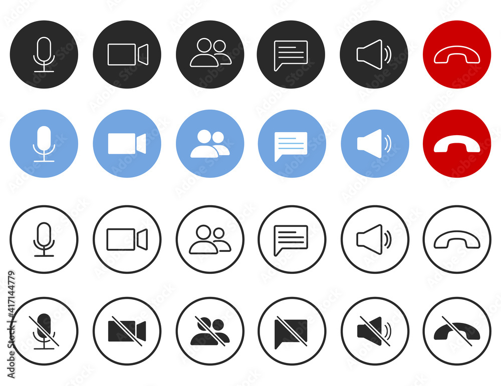 Poster set of video call icons. video conference. collections buttons of on-line video chat app, internet t