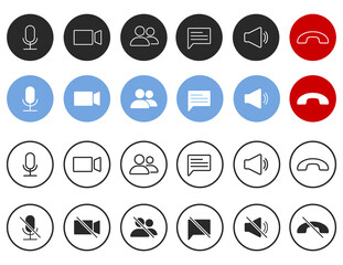 Set of Video call icons. Video conference. Collections buttons of on-line video chat app, internet talk, call technology. Web app ui display template. Videoconferencing and online meeting workspace