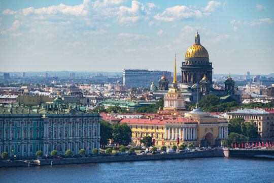 Panorama of Saint Petersburg. Russia town. Admiralty top view. Dome of St. Isaac's Cathedral over Saint Petersburg. Panorama with buildings of St. Petersburg. Russian architecture. Tour across Russia