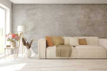 White living room with sofa and concrete wall. Scandinavian interior design. 3D illustration