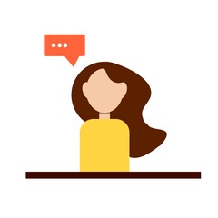 Woman sitting at the table. Concept illustration for work, freelance, study, education, work at home. Vector illustration in flat cartoon style. Dialogue over the character ..