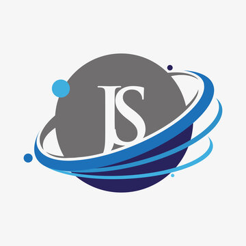 initial letter JS logotype company name colored blue and grey swoosh and globe design. isolated on white background.