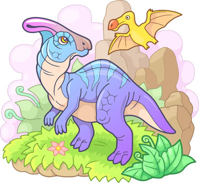 cartoon prehistoric dinosaur parasaurolophus, funny illustration