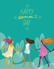 happy womens day, vector illustration group young girls with inscription lettering happy womens day, card for celebration day