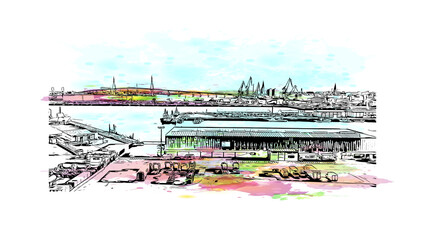 Building view with landmark of Cadiz is the city in Spain. Watercolour splash with hand drawn sketch illustration in vector. © dhanu3182